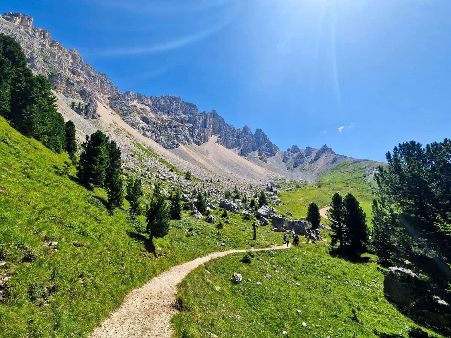Mountain landscape with hiking trails, forests, and a winding path through green valleys
